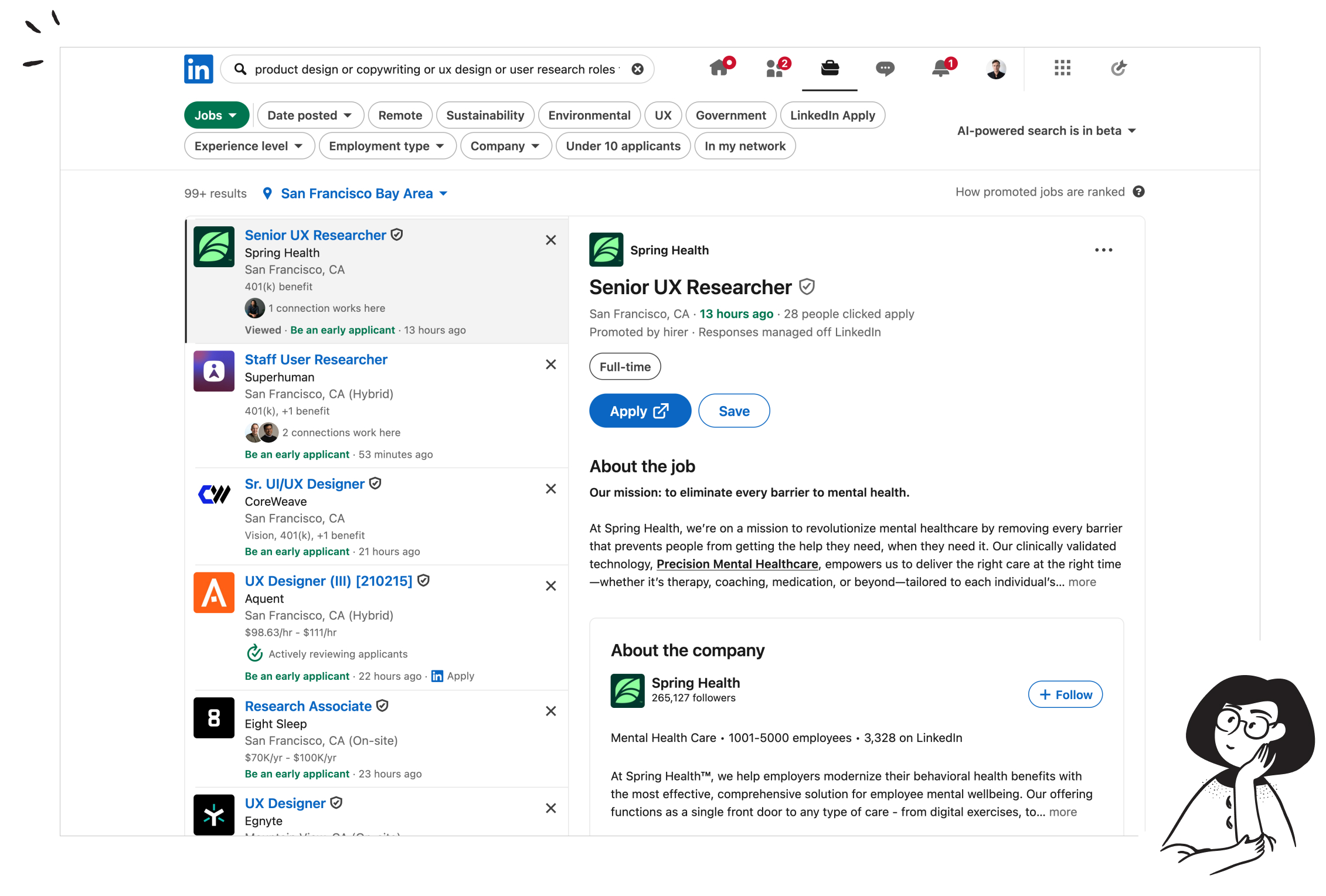 LinkedIn AI-powered jobs search interface showing the query in action